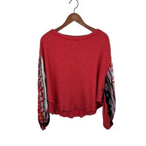 Red Knit Blouse with Printed Balloon Sleeves